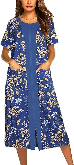 Ekouaer Robes For Women Zipper Front Bathrobe Short Sleeve House Coat Long Nightgown With Pockets Soft Loungewear