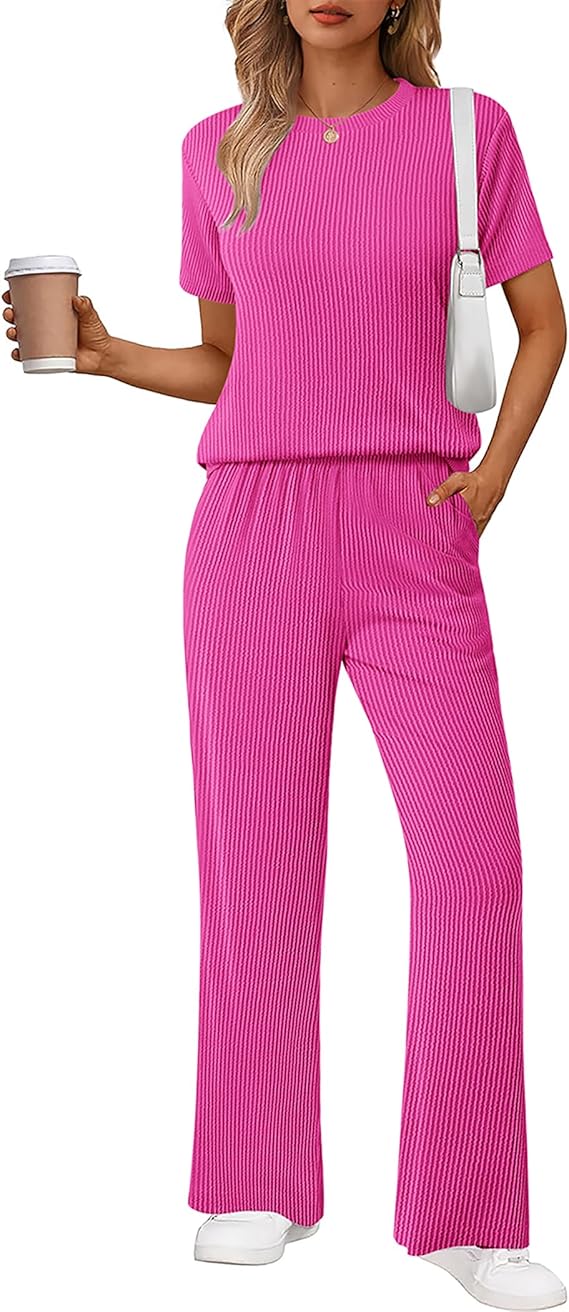 Ekouaer Lounge Sets for Women 2 Piece Matching Travel Outfits 2026 Loose Short Sleeve Top Wide Leg Pants Pockets