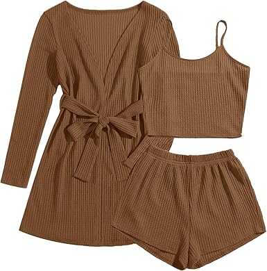 Ekouaer Pajamas for Women Set 3 Piece Lounge Set Soft Pajama Sets Waffle Knit Tank Top and Shorts Cardigan with Pockets