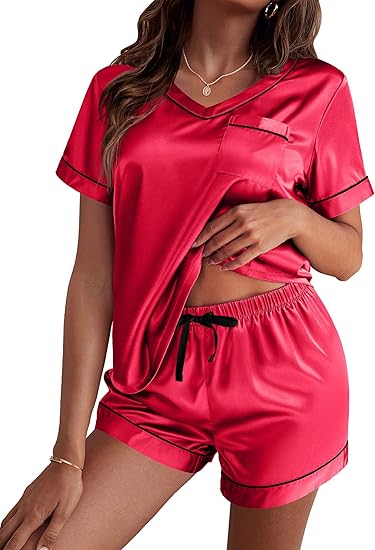 Ekouaer Silk Pajama for Women Short Sleeve Satin Pj Set Two Piece Soft Sleepwear Loungewear
