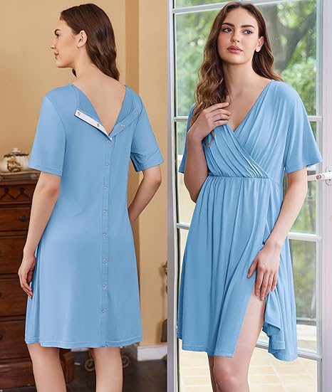 Ekouaer Labor and Delivery Gown for Hospital Short Sleeve Maternity Nursing Dress Nightgown with Button