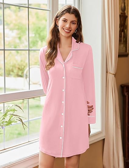 Ekouaer Nightgowns for Women Long Sleeve Nightshirt Button Down Sleepshirt Nightdress Boyfriend Sleepwear