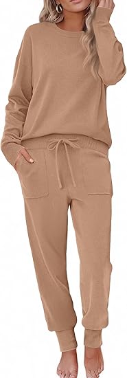 Ekouaer Women's 2 Piece Lounge Set Long Sleeve Knit Pajamas Sweatsuit Jogger Pant Outfits With Pockets