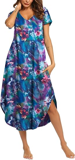 Ekouaer Nightgowns for Women V Neck Nightshirts Short Sleeve Soft Sleepwear Side Split Pockets Long Nightdress