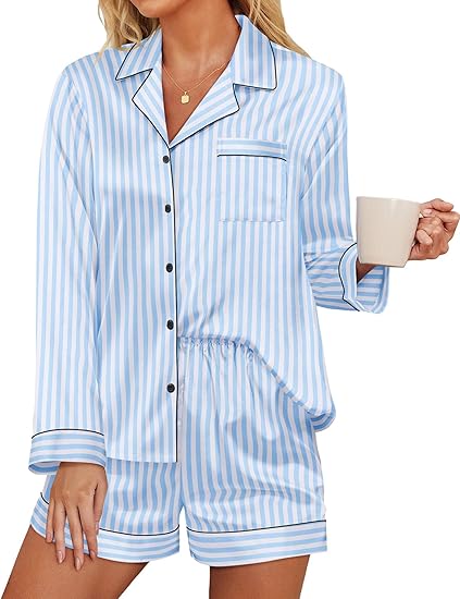 Ekouaer Satin Pajama Set for Women Button Down Pj Set Long Sleeve Top and Shorts 2 Piece Loungewear Summer Soft Sleepwear