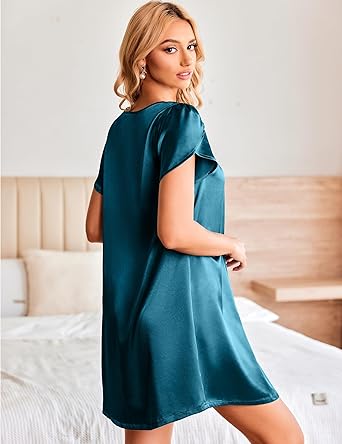 Ekouaer Women's Satin Nightgown Short Sleeve Sleepdress V-Neck Sleepwear Loose Silk Sleepshirt
