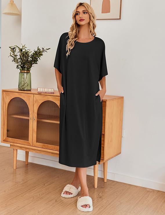 Ekouaer Women's Nightgown Short Sleeve Sleepshirt Long Loungewear Casual Maxi Lounge Dress House Dresses with Pockets