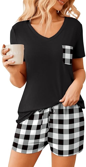 Ekouaer Womens Pajama Sets Short Sleeve Pajamas for Women Sets Soft Lounge Sets Casual V Neck Sleepwear PJS