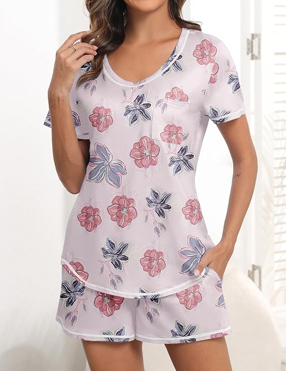 Ekouaer Women's Pajamas Sets Short Sleeve Lounge Sets Sleepwear Casual Two Piece Pjs With Pockets