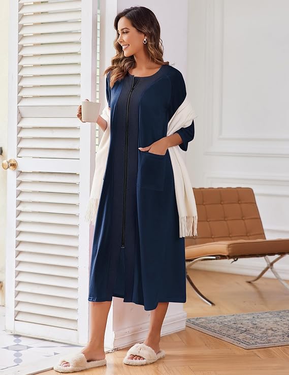 Ekouaer Women's Zipper Robe 3/4 Sleeve Housecoats Full Length House Dress Loungewear Long Nightgown with Pockets