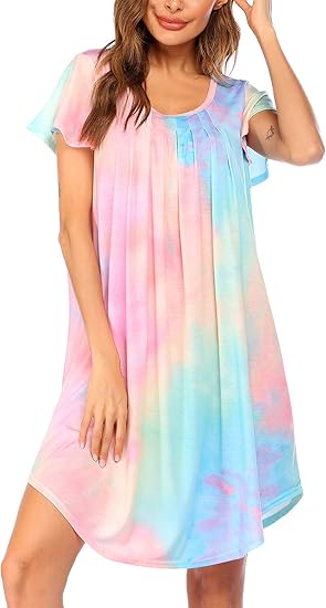Ekouaer Womens Nightgown Soft Sleepwear Pleated Sleepshirt Sleep Dress Short Sleeve Nightdress