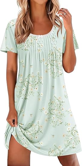 Ekouaer Nightgowns for Women Pleated Sleep Shirts Short Sleeve Night Shirts Lace Trim Night Gown Ladies Sleep Dress
