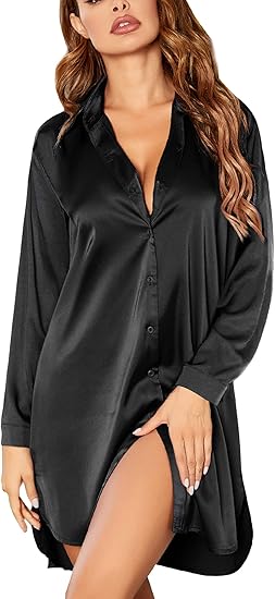 Ekouaer Satin Nightgown for Women Button Down Silk Sleepshirts V Neck Night Gown Long Sleeve Night Shirts