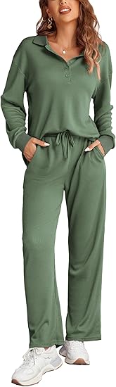 Ekouaer Womens 2 Piece Matching Lounge Sets Fall Outfits 2025 Sweatsuit Waffle Knit Pajamas Sets Long Sleeve Sweater Clothes