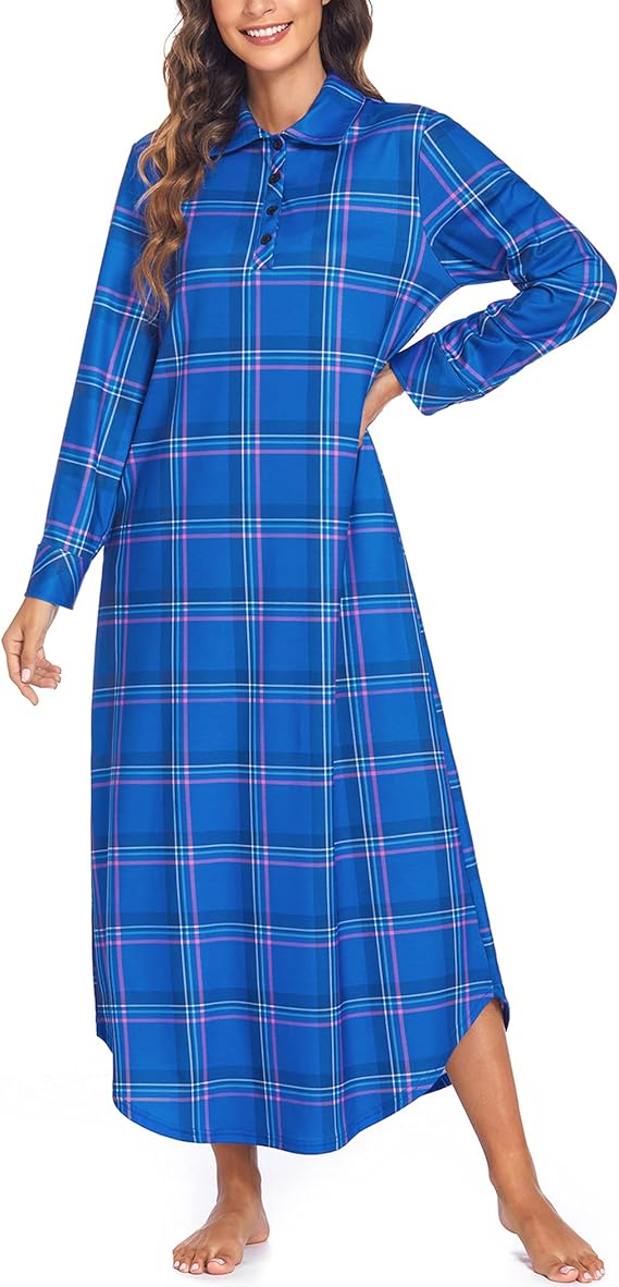 Ekouaer Women's Nightgown Long Sleeve Nightshirt Full Length Loungewear Plaid Sleepwear With Pockets