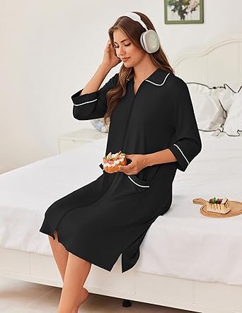 Ekouaer Zipper Robes for Women 3/4 Sleeve Housecoats Knee Length Bathrobe Lightweight Nightgown with Pockets