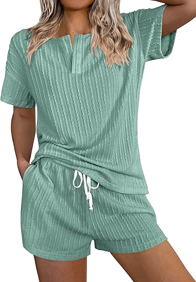 Ekouaer Ribbed Knit Lounge Sets for Women 2 Piece Outfits Short Sleeve Top and Shorts Pajama Sets Tracksuit Sweatsuits