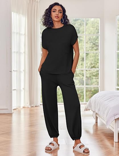 Ekouaer Two Piece Outfits Lounge Sets for Women Sweater Sets Knit Short Sleeve Tops Jogger Pants Matching Tracksuit