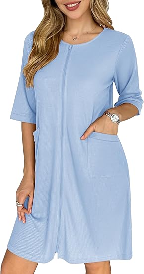 Ekouaer Zip Up Robes for Women Short Waffle Bathrobe Lightweight Knee Length Housecoat with Pockets Nightgown