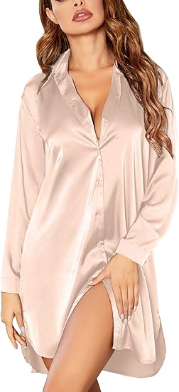 Ekouaer Satin Nightgown for Women Button Down Silk Sleepshirts V Neck Night Gown Long Sleeve Night Shirts