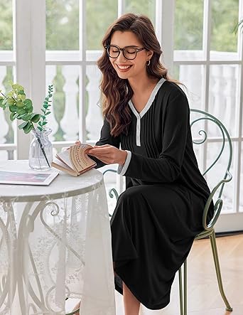 Ekouaer Women's Long Sleeve Nightgown Full Length Sleepwear Long Sleepshirts Henley Sleep Dress