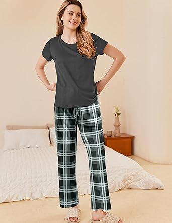 Ekouaer Pajama Sets for Women Round Neck Pjs Short Sleeve Sleepwear with Long Pants Loose Lounge Sets Black-pink Plaid XL