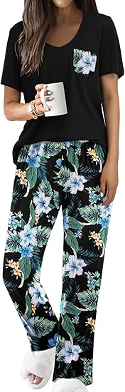 Ekouaer Pajama Sets for Women 2 Piece Short Sleeve Pj Sets With Long Printed Pants Sleepwear Casual Lounge Sets
