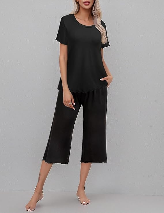 Ekouaer Capri Pajamas for Women Soft Pjs Set Short Sleeve Tee Top Loungewear Soft 2 Piece Sleepwear