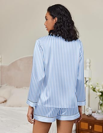 Ekouaer Satin Pajama Set for Women Button Down Pj Set Long Sleeve Top and Shorts 2 Piece Loungewear Summer Soft Sleepwear