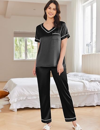 Ekouaer Satin Pajamas for Women Short Sleeve Silk Pajama Sets Soft Sleepwear Top with Causal Long Pj Pant