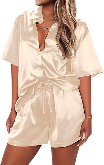 Ekouaer Pajamas for Women Silk Satin Pjs Soft Sleepwear Short Sleeve Button Down Pjs Top and Shorts 2 Piece Lounge Set