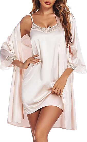 Ekouaer Sleepwear Women's Satin Nightgown with Robes Set 2 Piece Lace Cami Nightwear