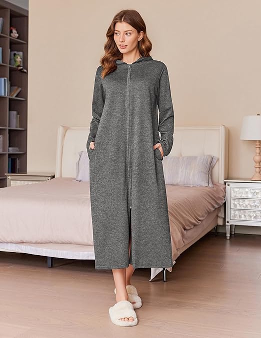 Ekouaer Robe for Women Zipper Robe Loungewear Full Length Sleepwear Pockets Housecoat Casual Straight Robe