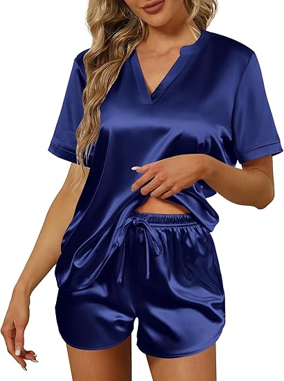 Ekouaer Silk Pajamas for Women Short Sleeve Satin Sleepwear Two-piece Pjs Set Soft V Neck Loungewear