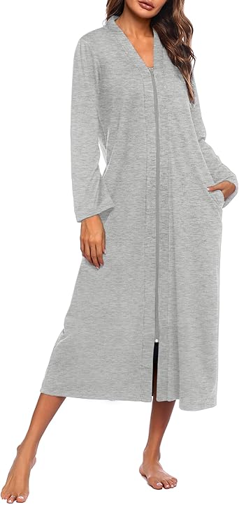 Ekouaer Women Zipper Robe Long Sleeve Loungewear Lightweight Housecoat Full Length Nightgown with Pockets