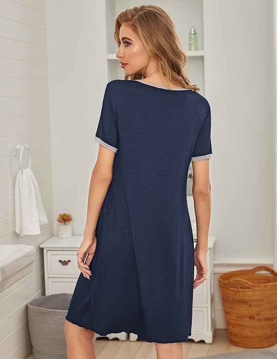 Ekouaer Women's Nightgown Short Sleeve Sleepwear Comfy Sleepshirts Pleated Scoopneck Nightshirt