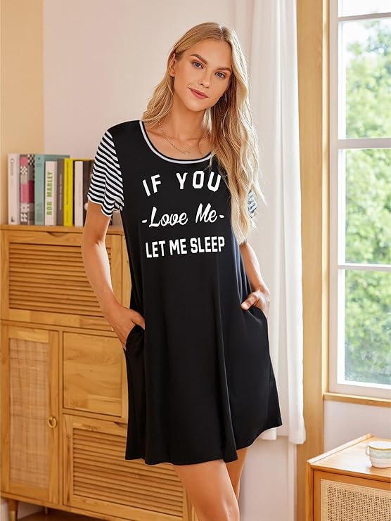 Ekouaer Nightgowns for Women Soft Sleep Shirts with Pockets Short Sleeves Printed Crewneck Nightshirt