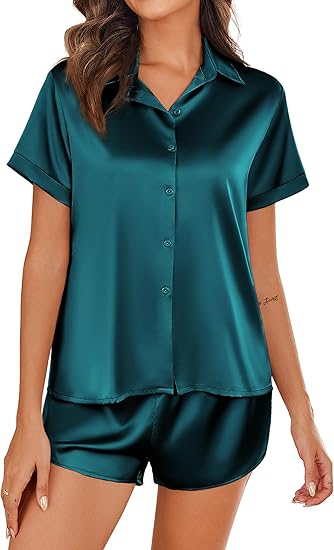 Ekouaer Silk Pajamas for Women Short Sleeve Satin Pajama Set 2 Piece Button Down Loungewear
