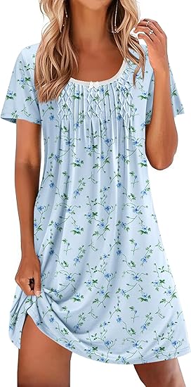 Ekouaer Nightgowns for Women Pleated Sleep Shirts Short Sleeve Night Shirts Lace Trim Night Gown Ladies Sleep Dress