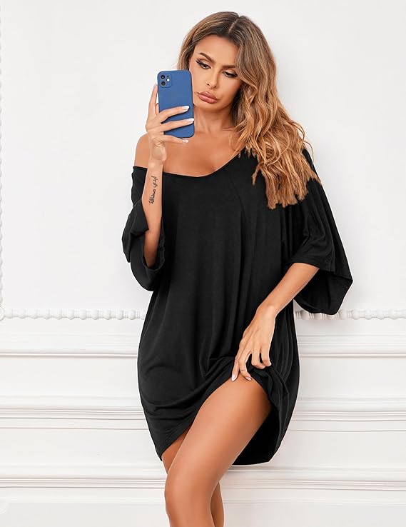 Ekouaer Women's Sleepshirt Deep V Neck Nightgown Batwing Nightshirt Oversized Sleepwear