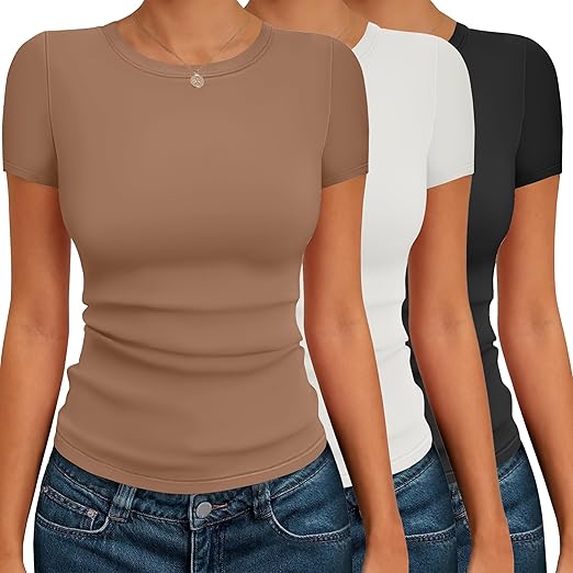 Ekouaer Womens Short Sleeve Shirts 3 Pack Crew Neck Tops Slim Fit Basic Tees Trendy Clothes Base Layer