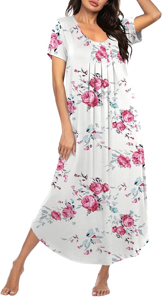 Ekouaer Long Nightgowns for Women House Dress Plus Size Sleepwear Pleated Full Length Loungwear