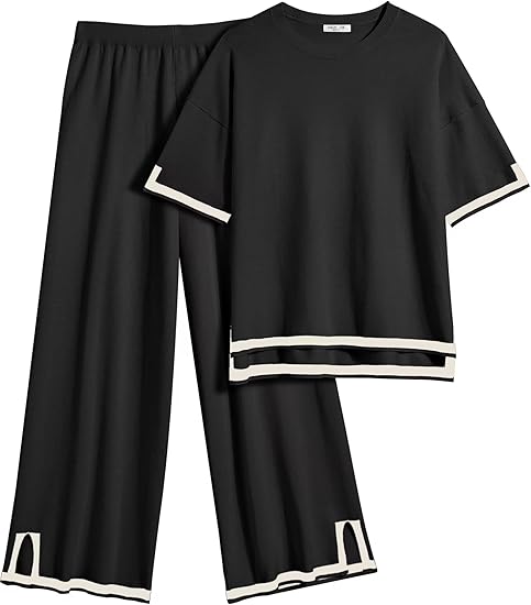 Ekouaer Lounge Set for Women Travel Outfits 2 Piece Sets Short Sleeve Sweater Top Wide Leg Long Pants Loungewear
