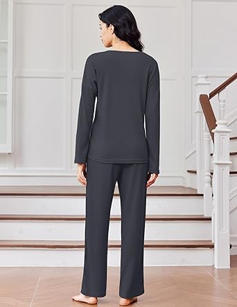 Ekouaer Womens Waffle Knit Pajamas Loungewear Two-piece Sleepwear Button-Down Pj Set with Pockets