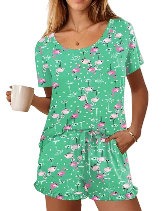 Ekouaer Womens Pajamas Short Sleeve Lounge Set Crew Neck Tops and Ruffle Shorts Pj Sets Soft Sleepwear with Pockets