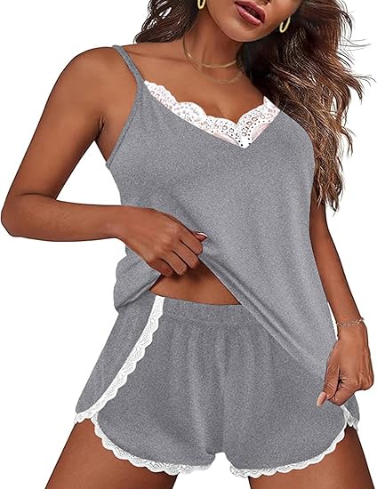 Ekouaer Satin Pajama Set for Women 2 Piece Silky Lingerie Sleepwear Lace Camisole Pj Shorts Set Soft Nightwear