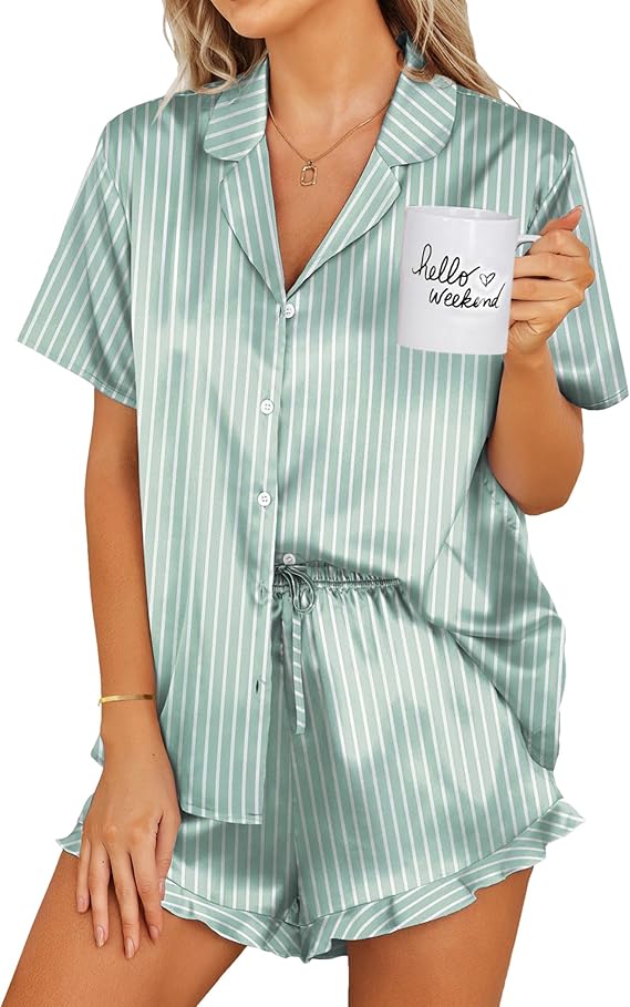 Ekouaer Womens Satin Pajamas Set Button Down 2 Piece Silk Pjs Shorts Set Ruffle Lingerie Notch Collar Sleepwear