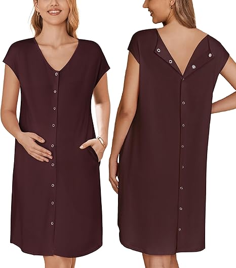 Ekouaer Labor/Delivery/Hospital Gown Nursing Nightgown Maternity Sleepwear With Pockets Postpartum Gowns with Button