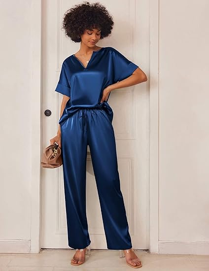 Ekouaer Satin Pajama Set Womens Silk Short Sleeve V Neck Shirt with Long Pant Soft Loungewear Pjs Set
