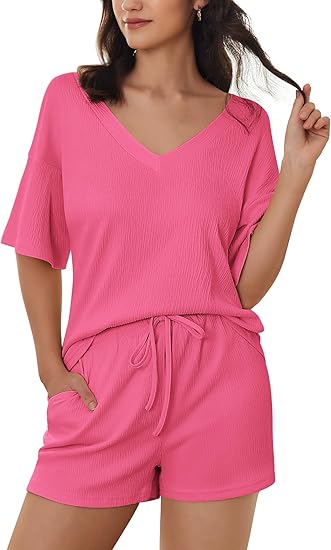 Ekouaer Women's 2 Piece Lounge Set V-Neck Pajama Sets Oversized Summer Outfits with Pockets